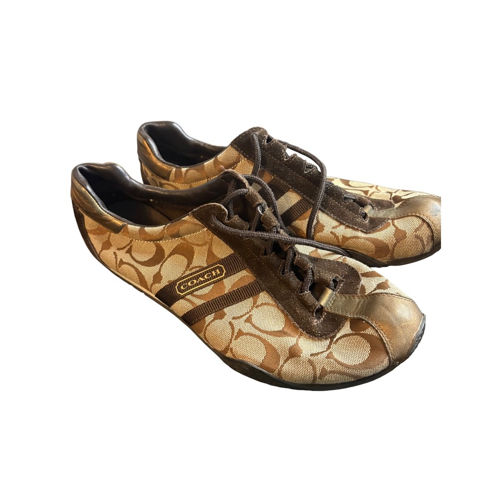 Coach Kate Signature Monogram Jacquard Sneakers Brown Gold Q048 Women 11M